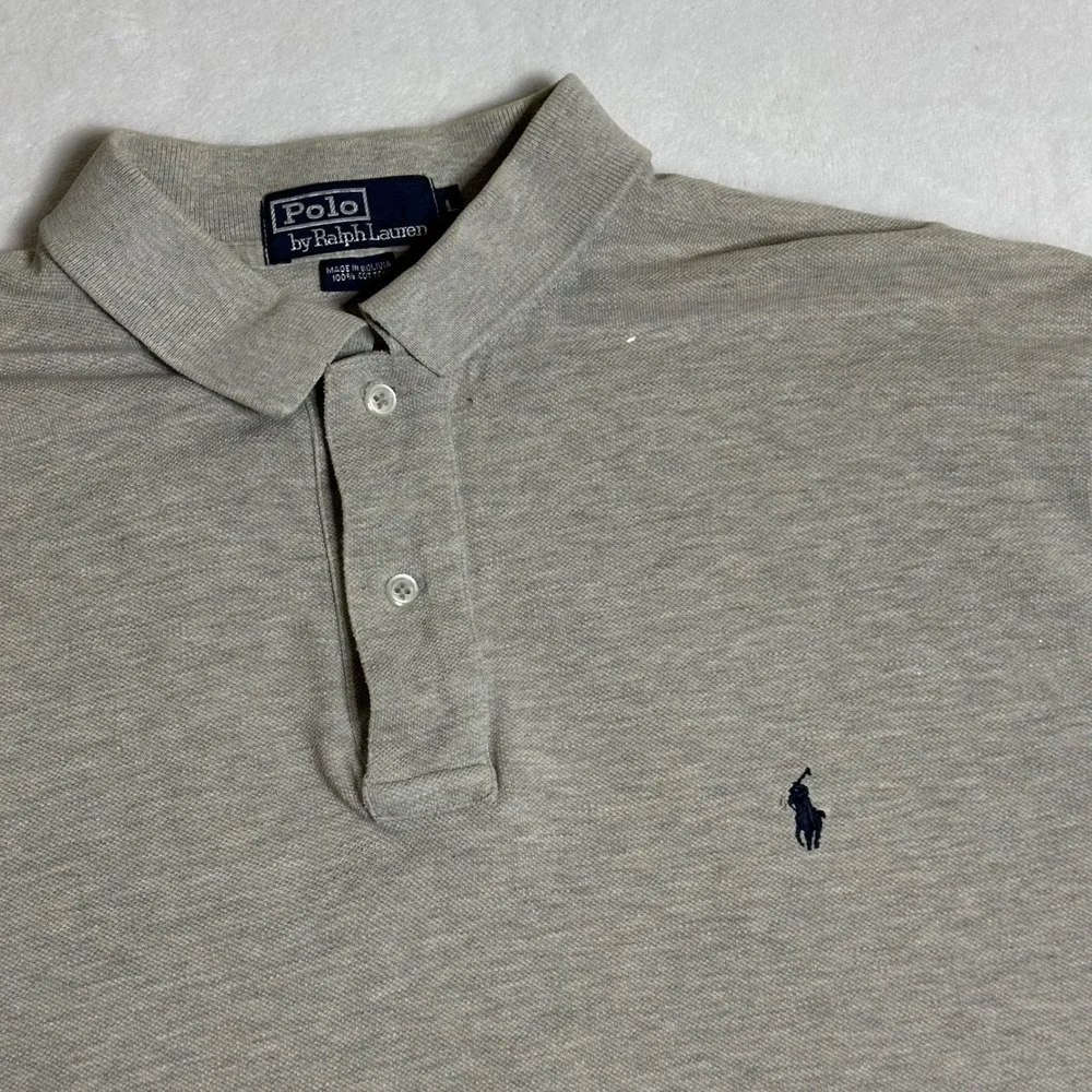 Vintage Polo Ralph Lauren Men's Large Heather Gray Polo Shirt Navy Pony 90s